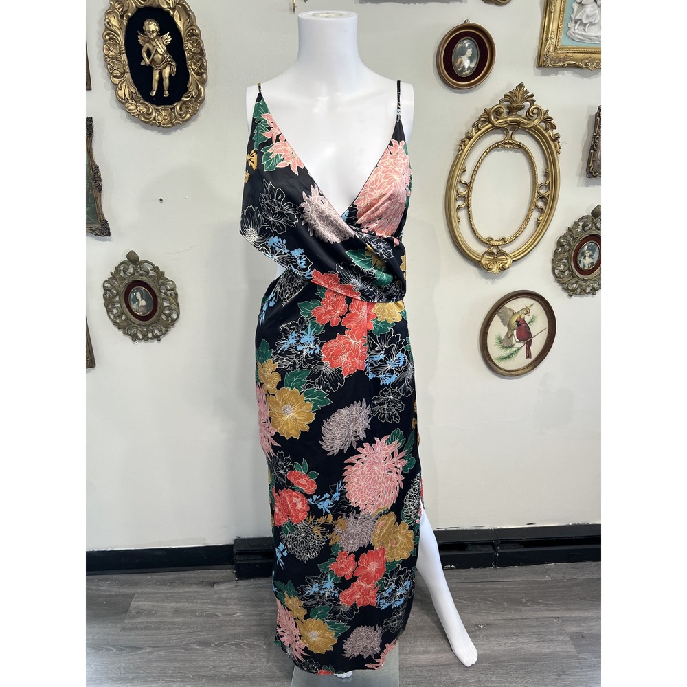 Zhu Black Multicolor Floral Print Cowl Neck Open Back Maxi Dress Size M